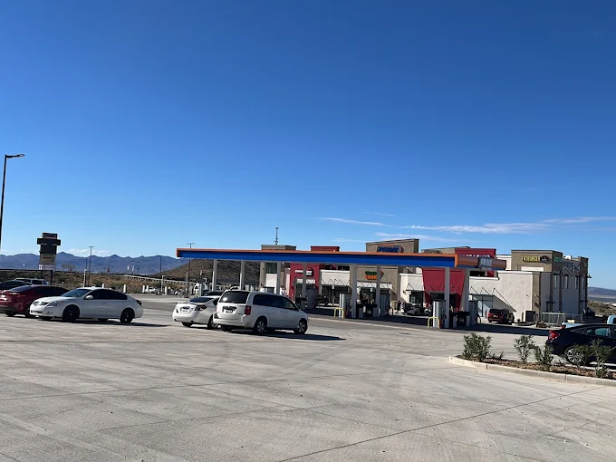 The Prime Travel Center gas station, store and fuel canopy from the forecourt